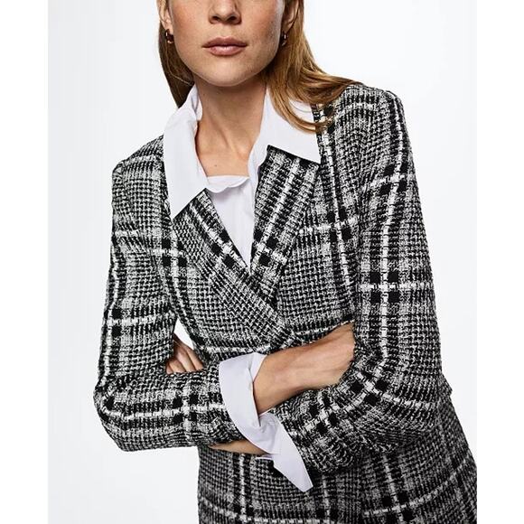 MNG by Mango Tweed Check Double-Breasted Blazer - Size M Black White - Picture 5 of 9